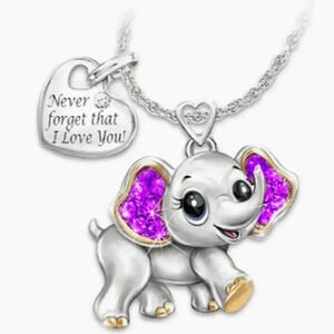 Cute Purple Rhinestone Crystal Silvertoned Cartoon Elephant Pendant Necklace